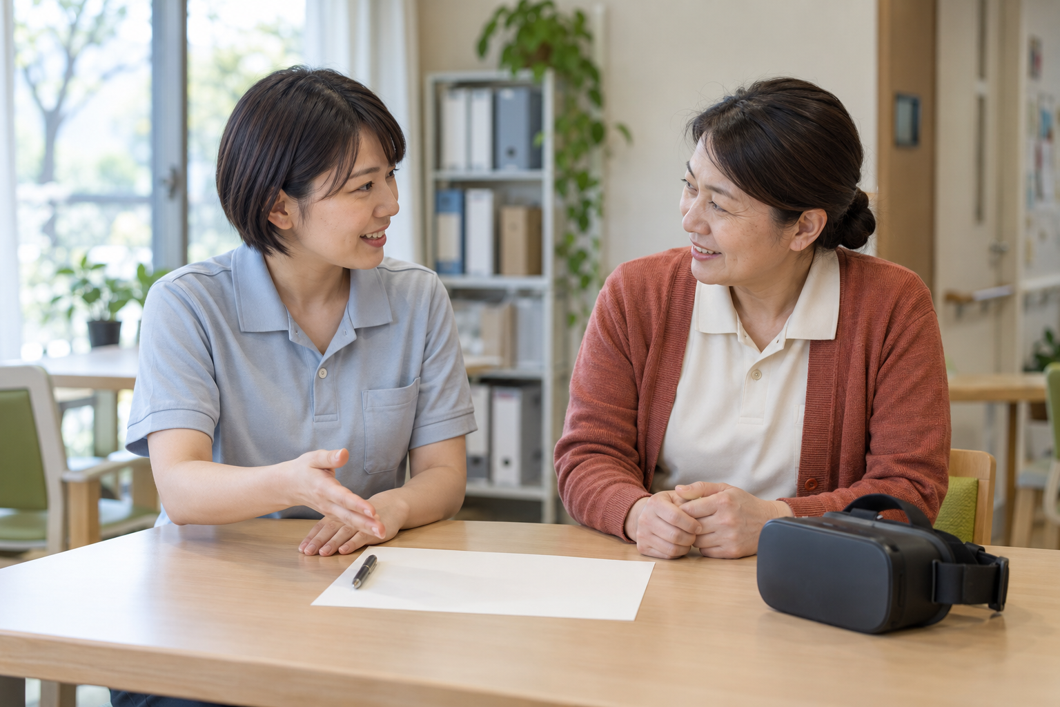 施設のレクリエーションを一緒に考える女性スタッフのイメージ