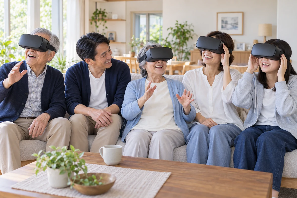 祖父・祖母・母・娘がVRを楽しみ、父が笑顔で見守る5人家族のイメージ